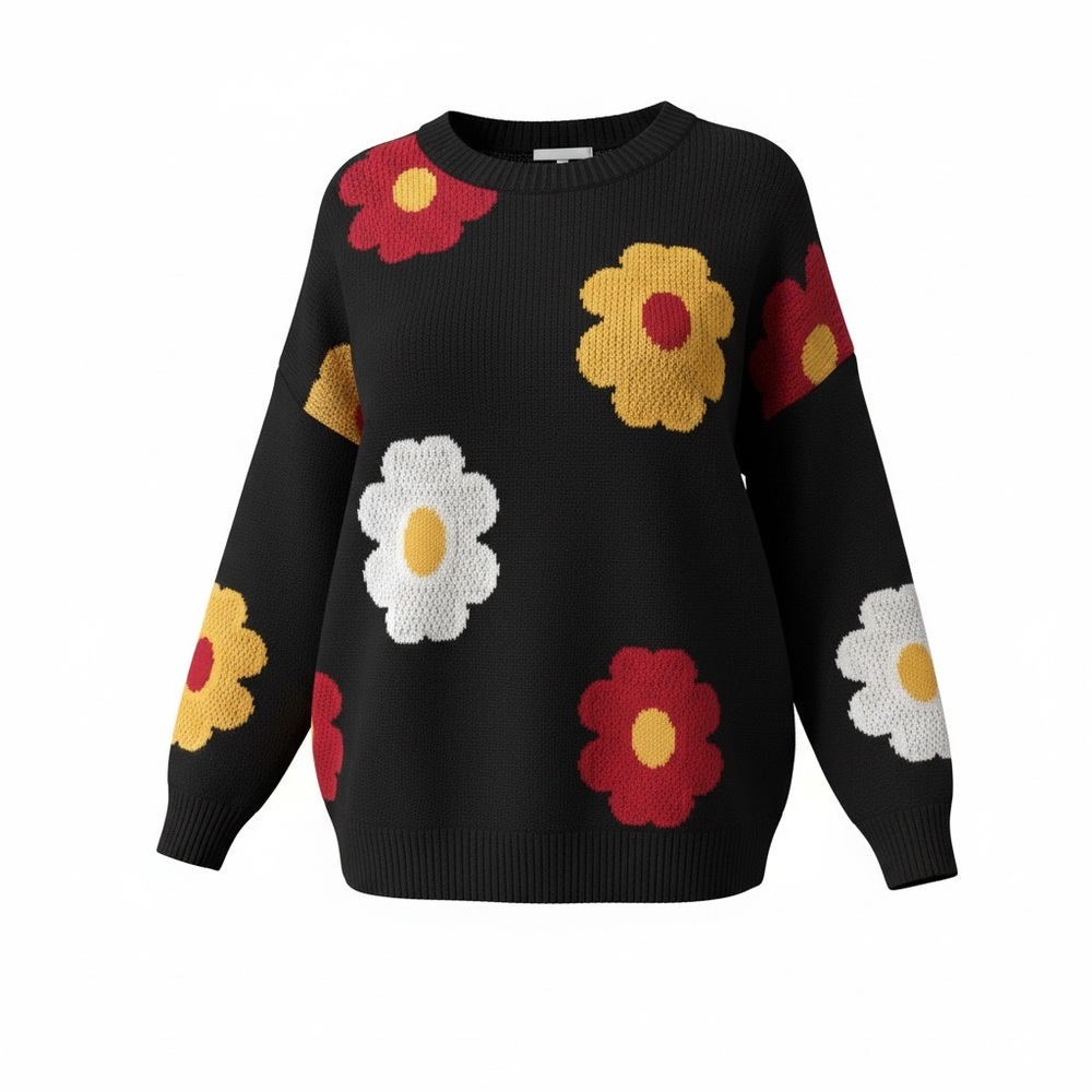 Torrid Black Sweater with Red and White Floral Design